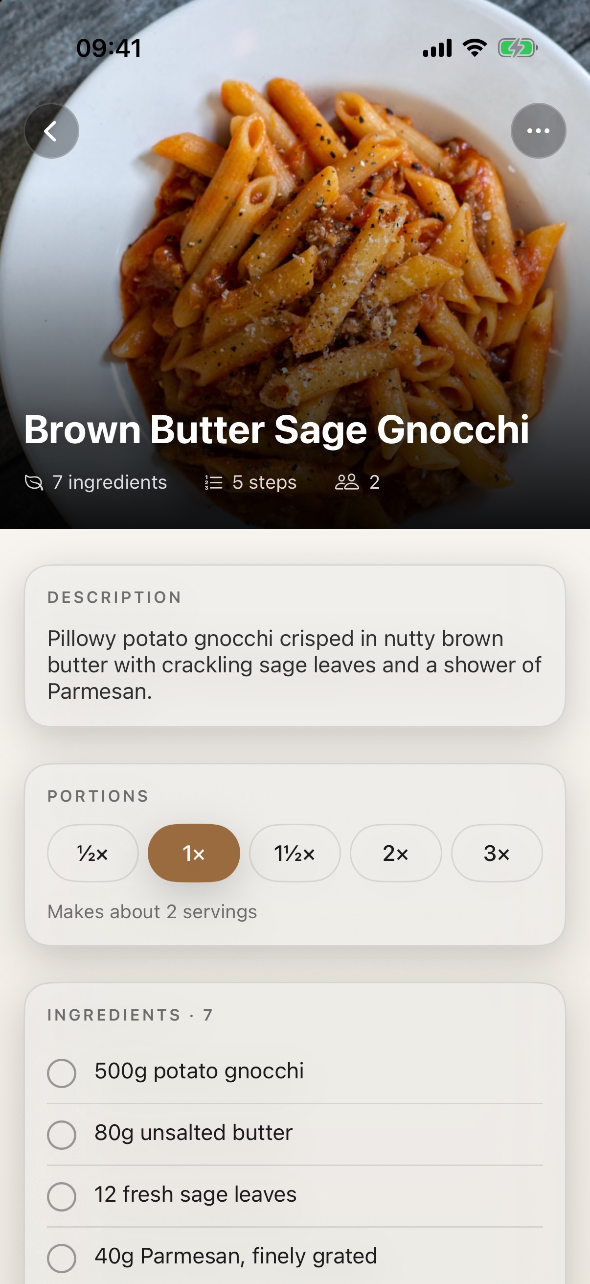 Recipe detail view showing structured ingredients and steps